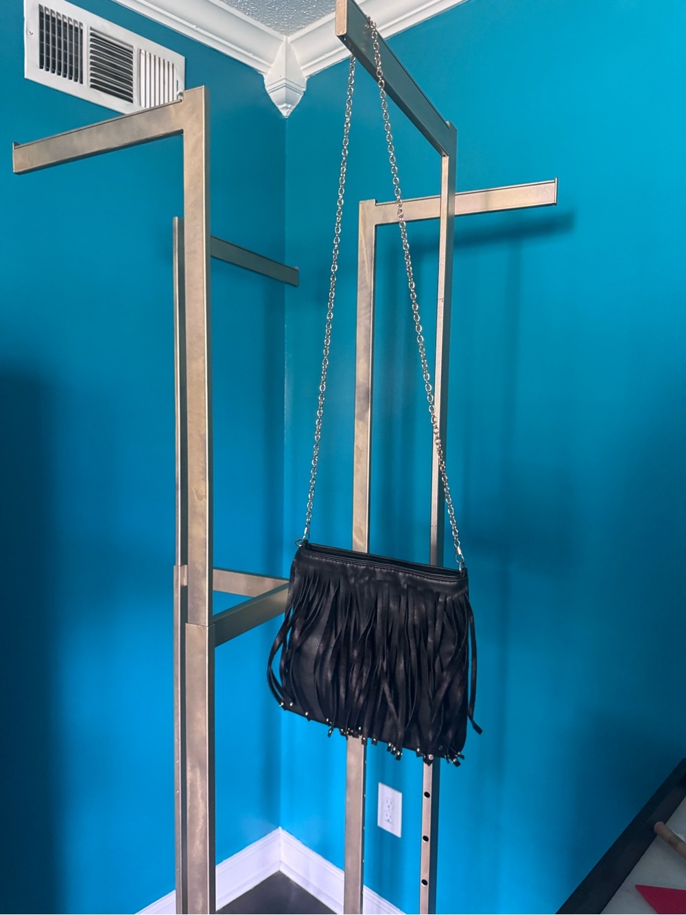 Black Fringe Crossbody Bag with Chain Strap